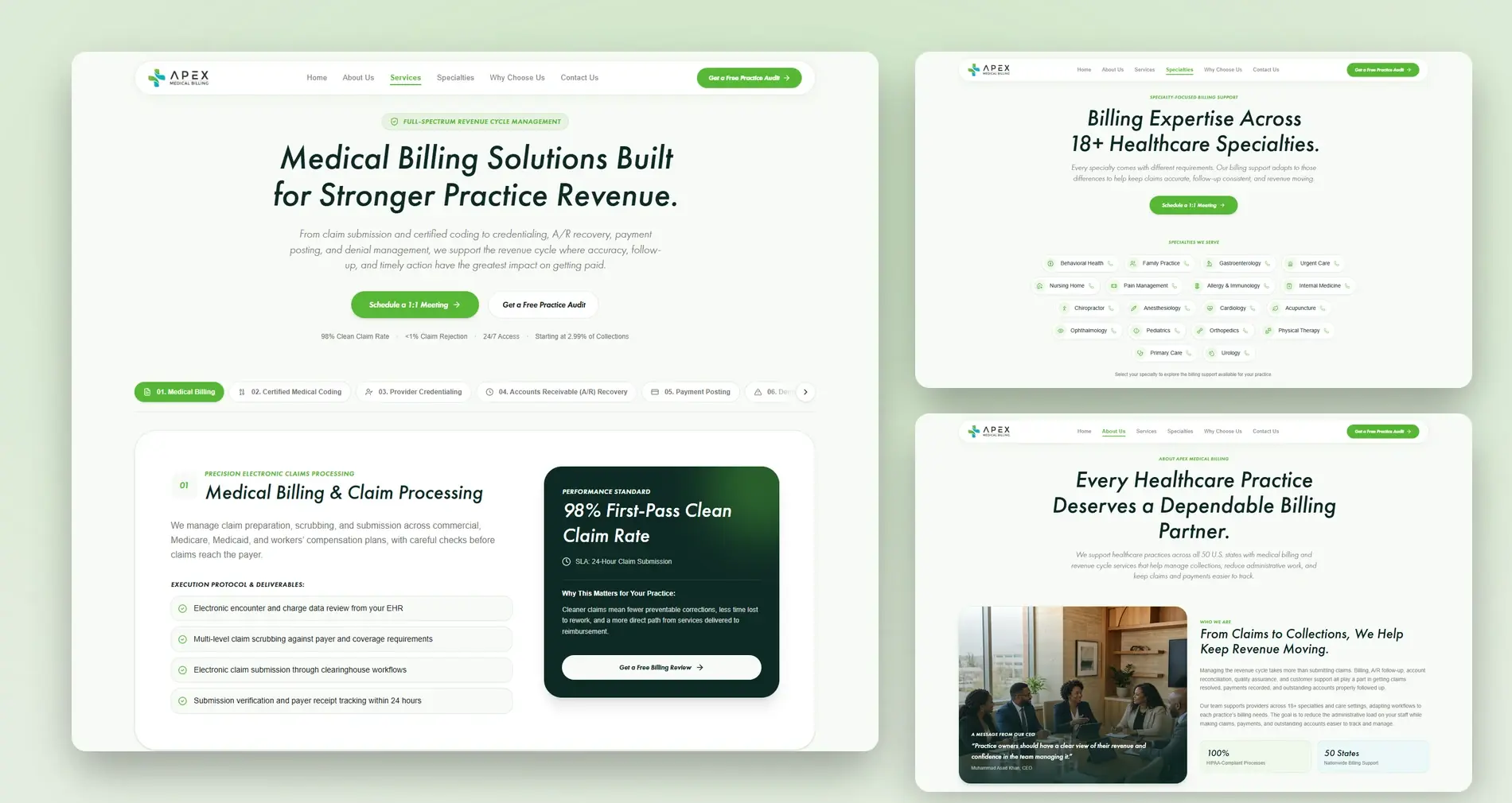 APEX Medical Billing Services, Specialties and About pages