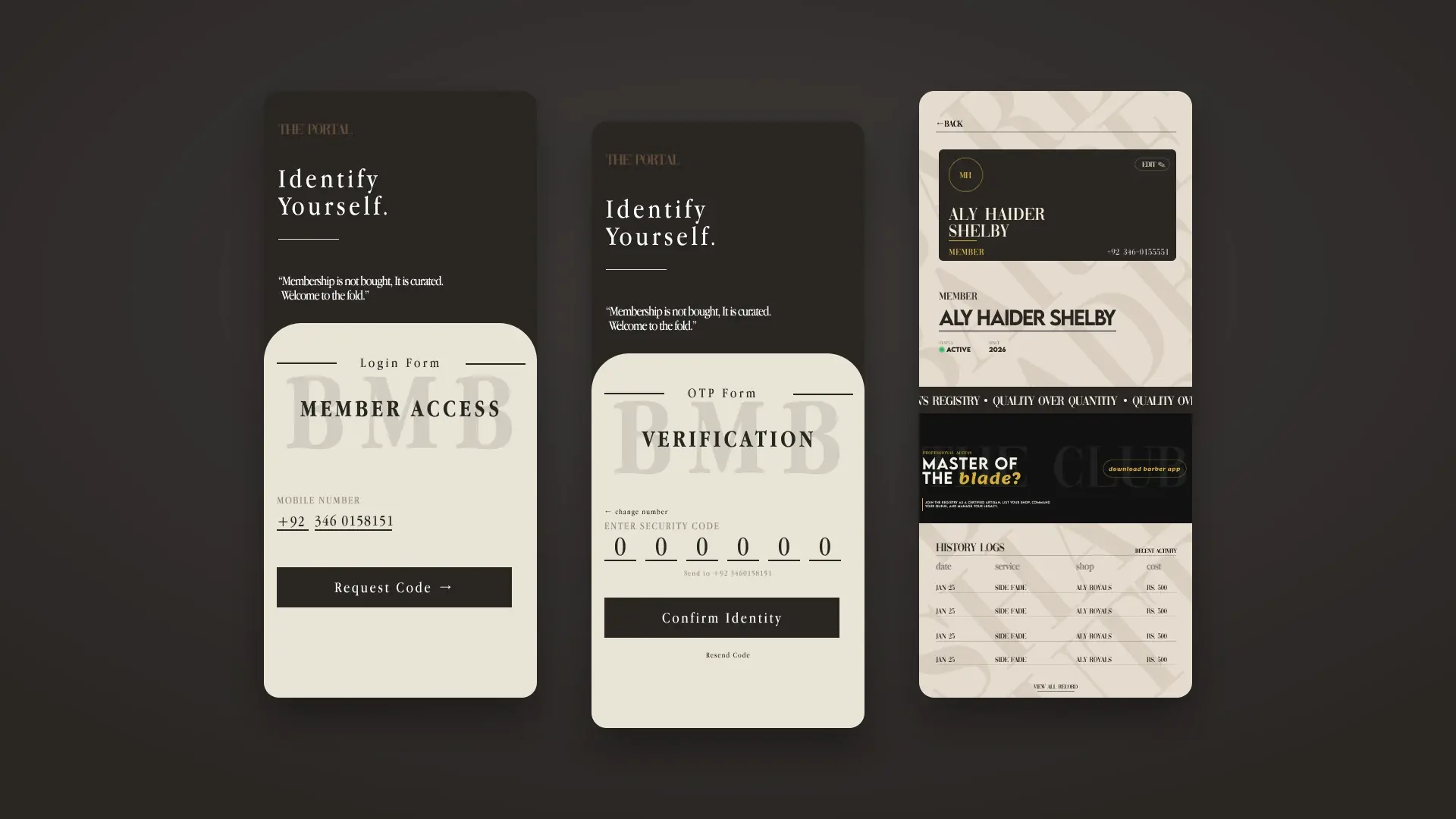 Book My Barber sign-in with a phone number and one-time code