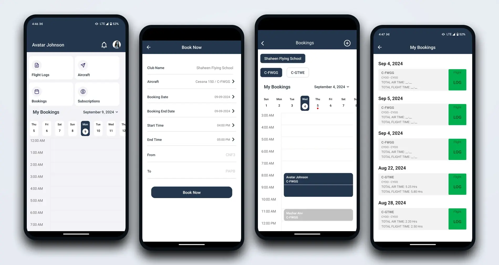 Flaps10 aircraft booking form and day-view calendar