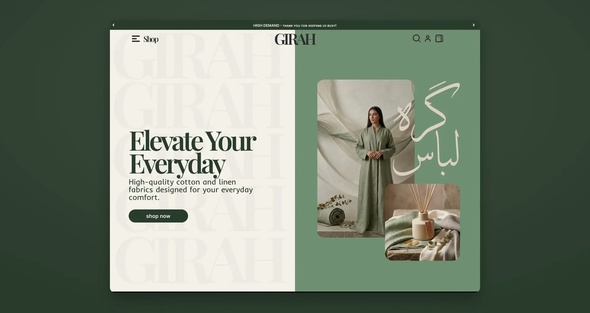 GIRAH home page with the "Elevate Your Everyday" hero and Urdu calligraphy