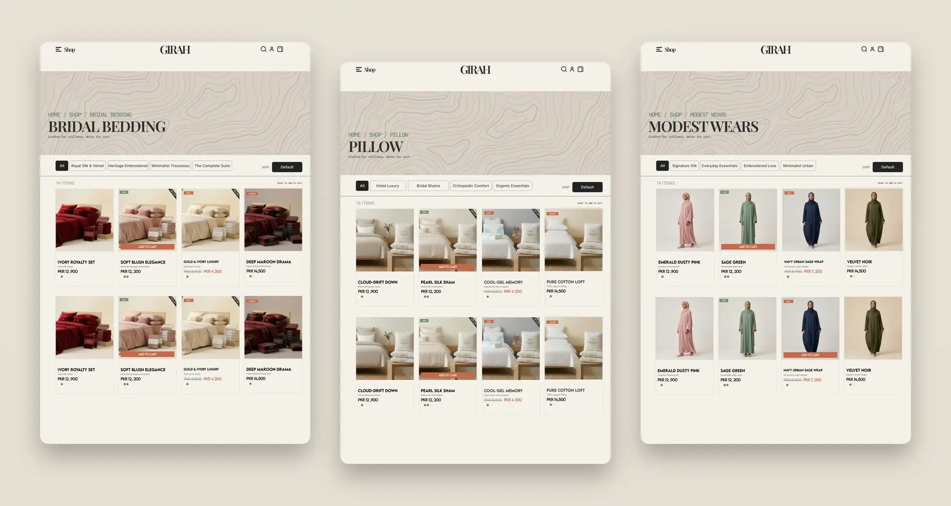 GIRAH collection pages, each opening with its own hero