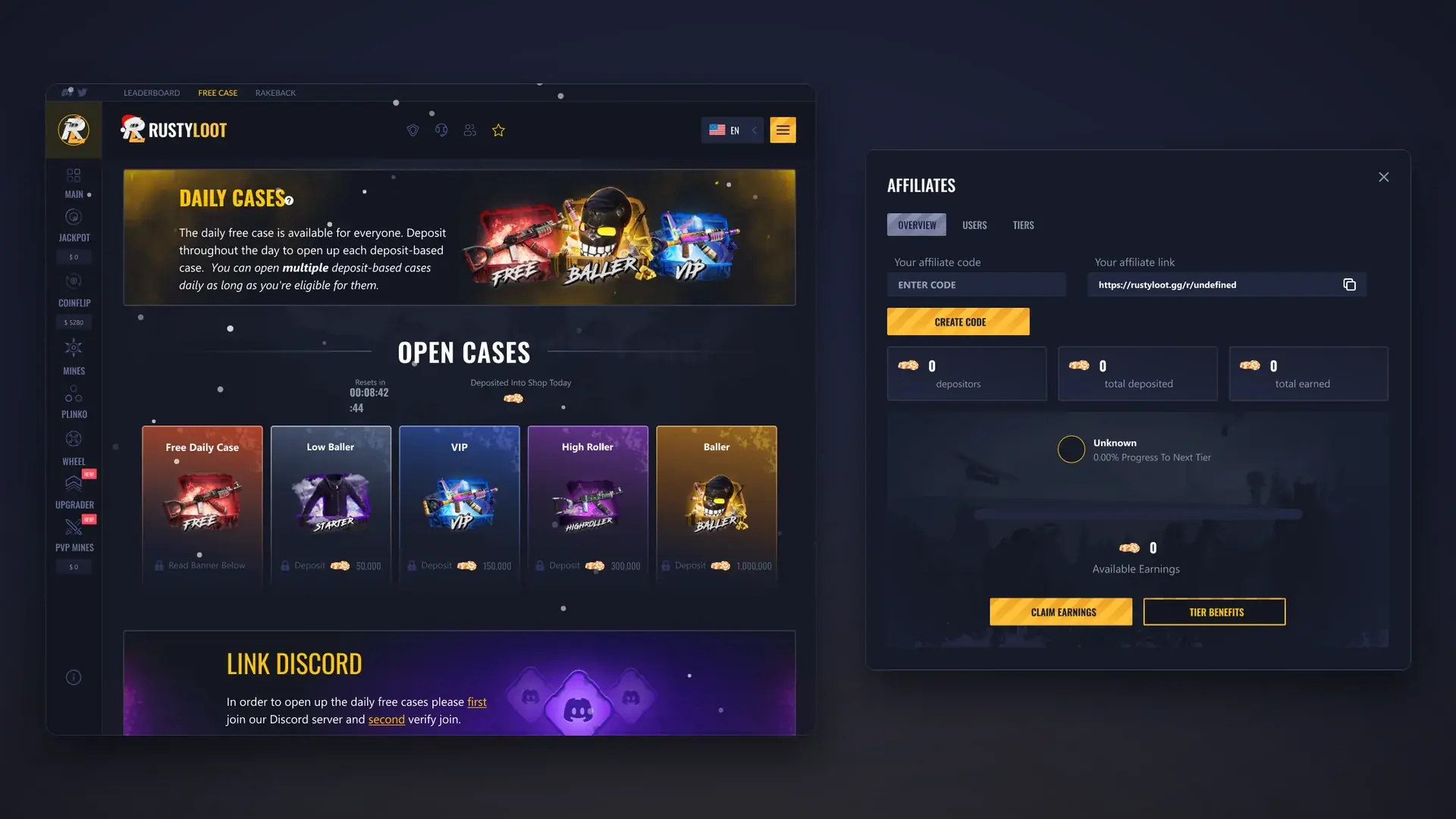 RustyLoot daily cases beside the affiliate dashboard