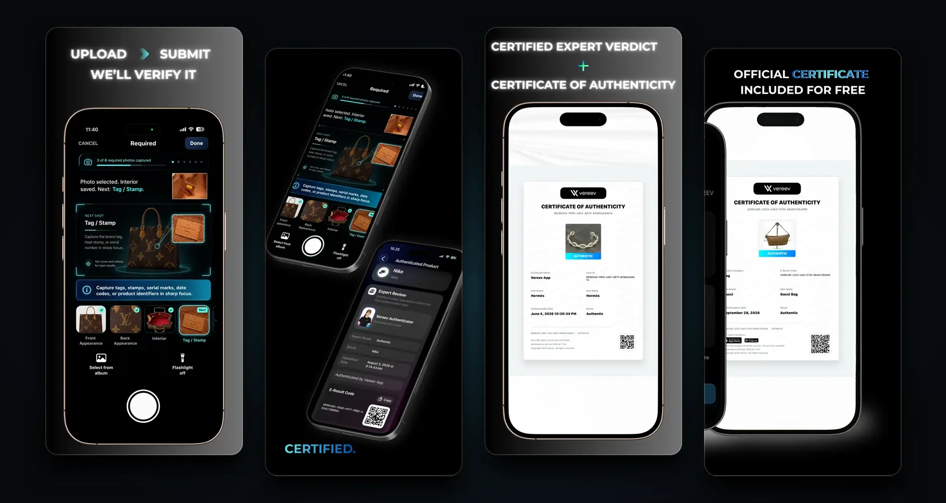 Vereev authentication flow: choose a brand, follow the photo guide and submit