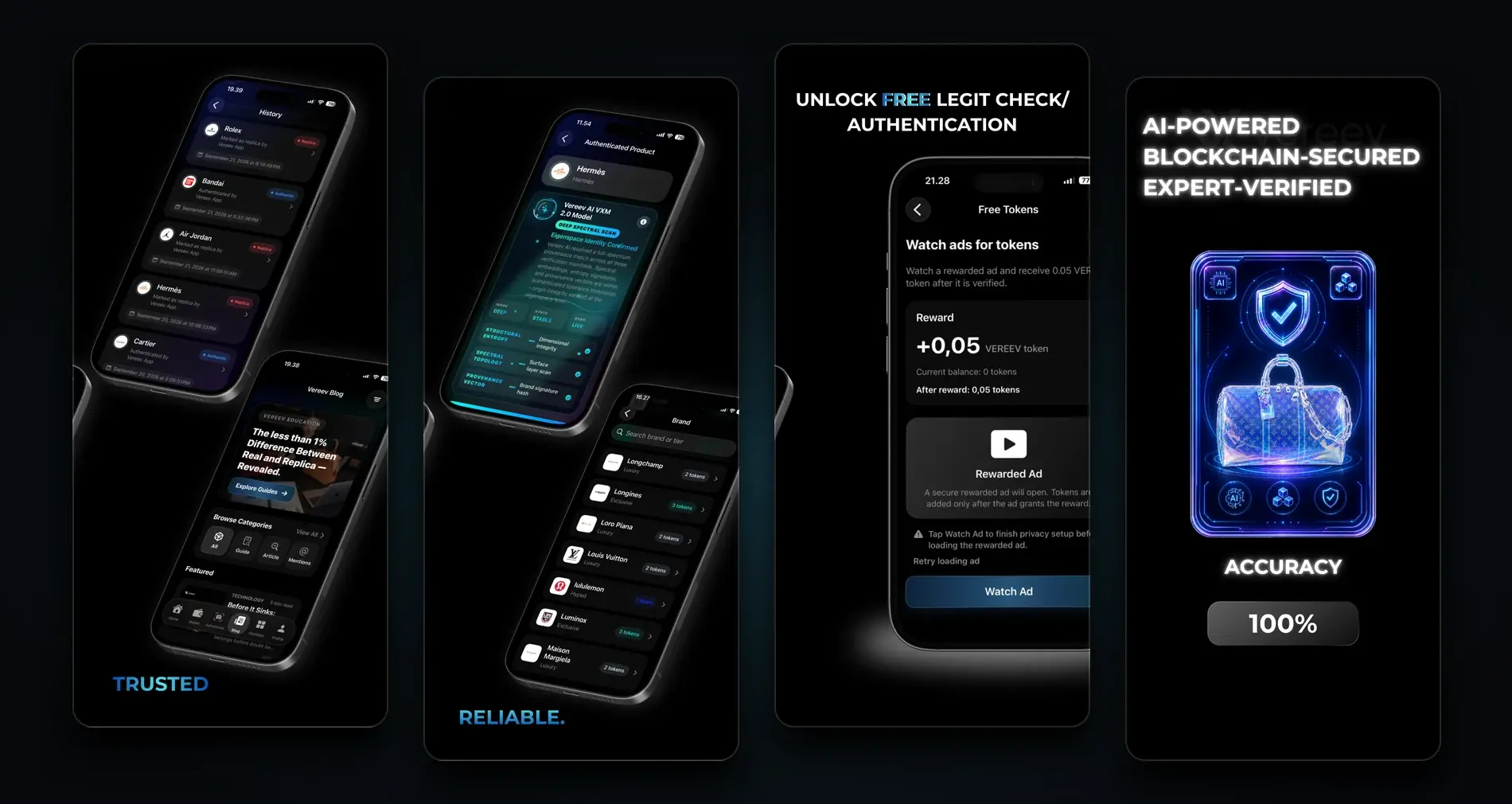 Vereev app screens: AI and expert review, tokens and certificates